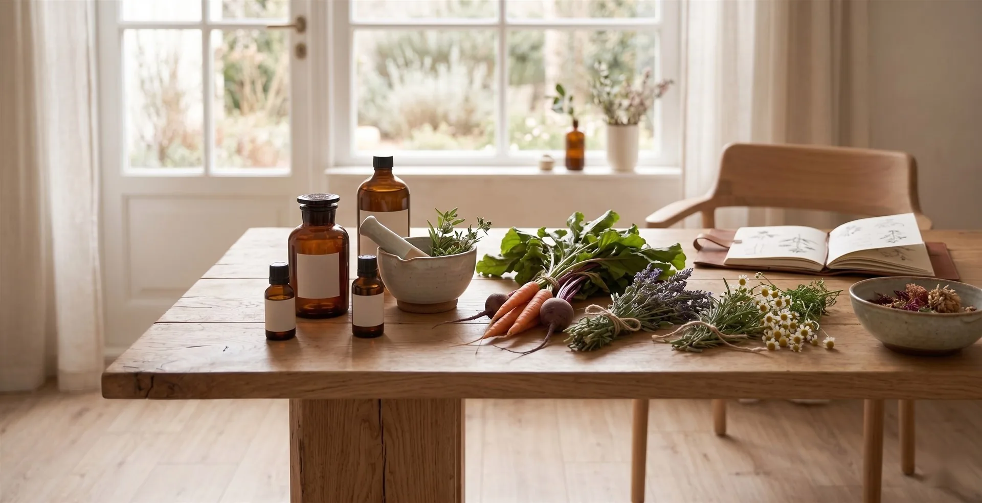 Mesa com ervas aromáticas, frascos âmbar e legumes frescos