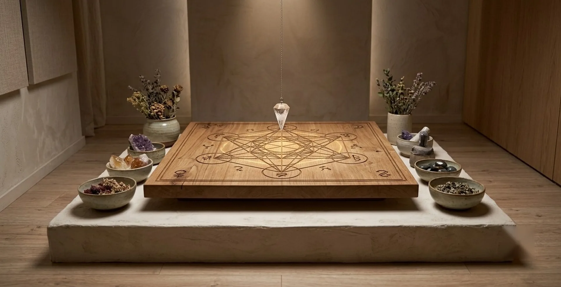 Tabuleiro de mesa radiónica com um pêndulo de cristal